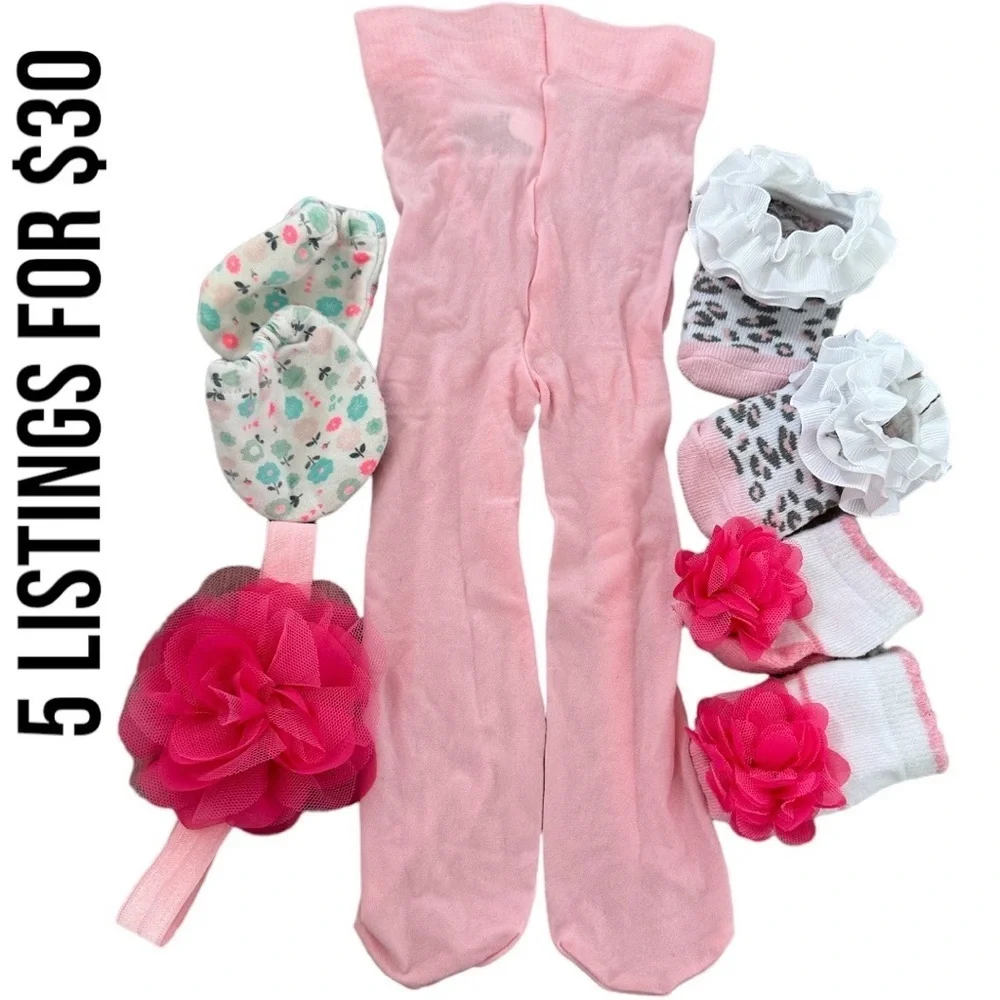 0-6 m baby girl accessory lot -pantyhose, socks bundle, hair piece, hand booties